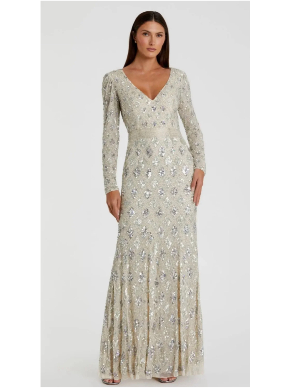 Women's Mac Duggal Long Sleeve Sequin Embellished Gown in Silver and Beige